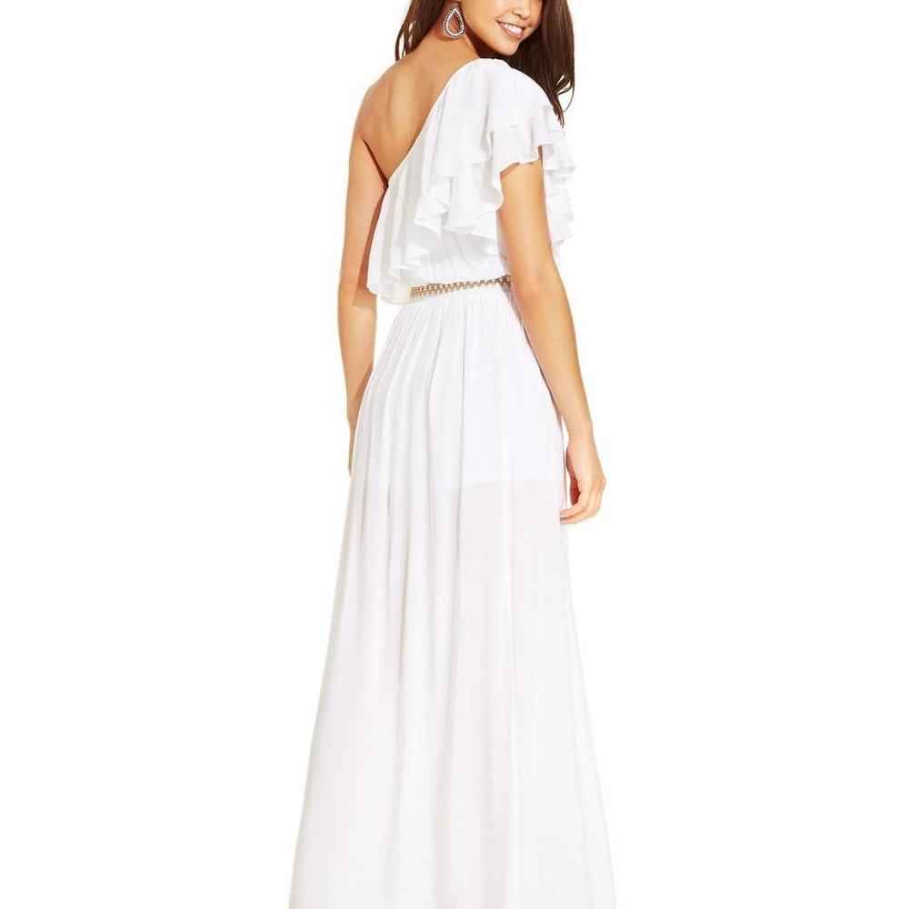 White Maxi Dress Ruffle One Shoulder Grecian Goddess XOXO - Picture 3 of 9